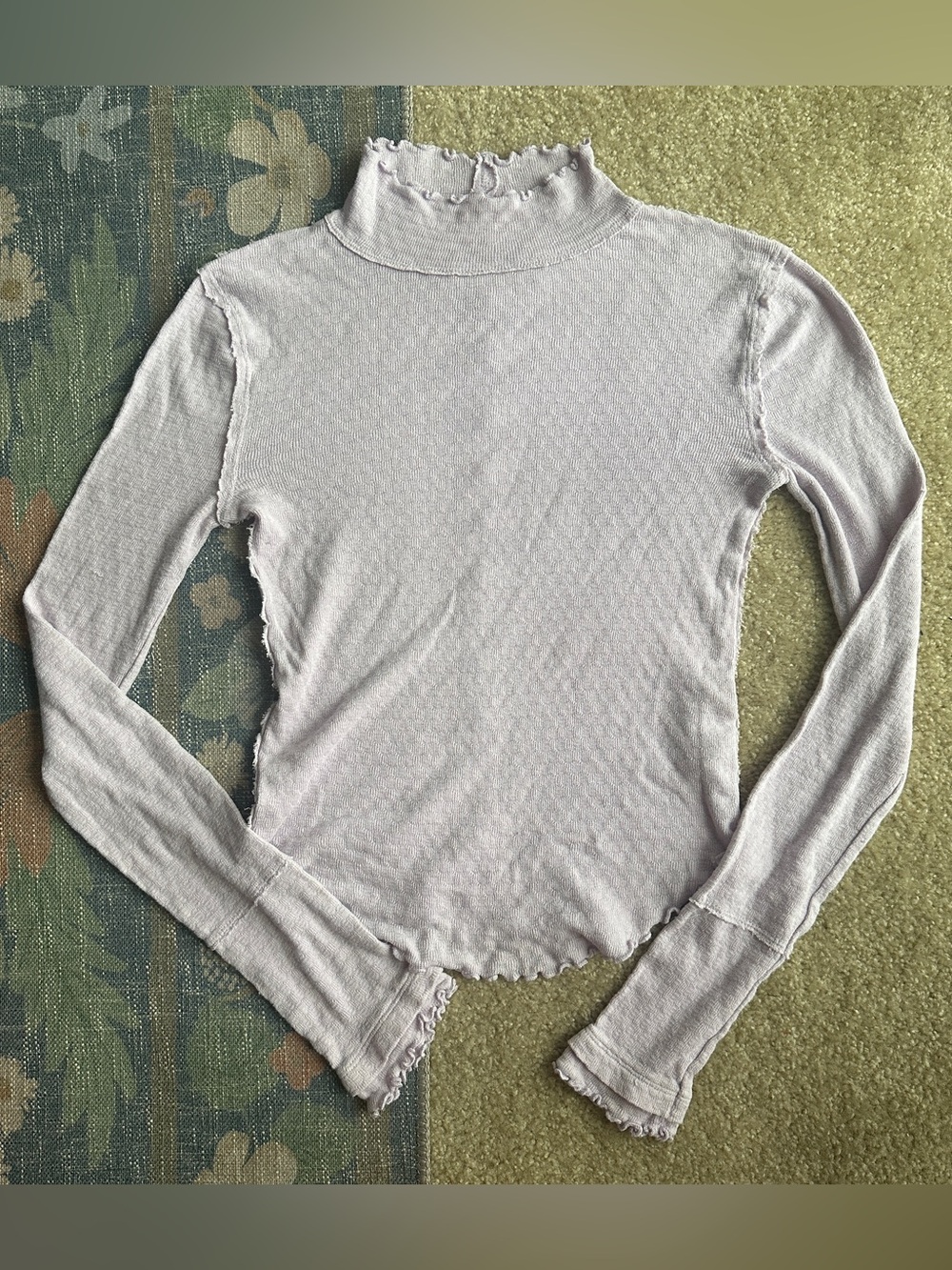 We The Free Light Lavender Ruffle-Edge Mock Neck Long Sleeve Top